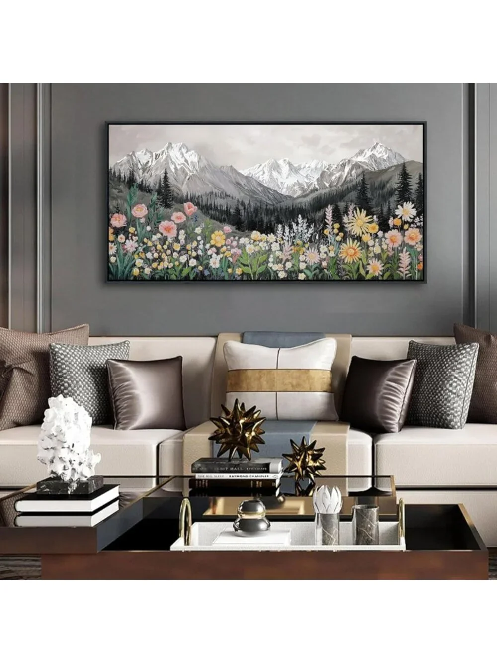 40x20 Black & White Landscape Poster Frame - Snow-Capped Mountains & Daisies